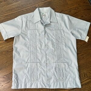 Vintage Guayabera Shirt Mens L Blue Bealls 70s 80s Retro Cuban Wedding Deadstock